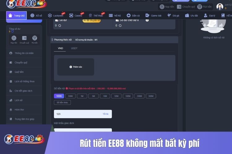 Rút tiền EE88 không mất bất kỳ phí